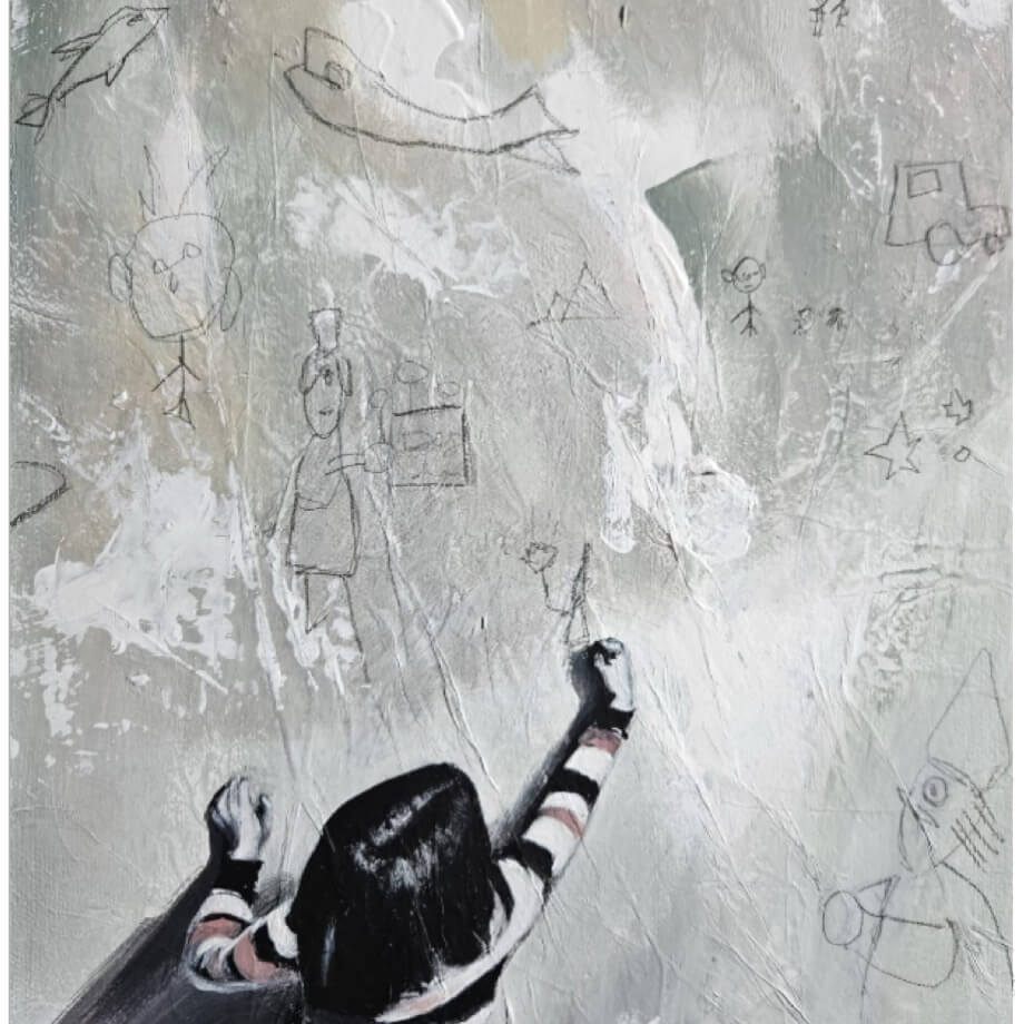 Enfant dessinant sur un mur avec des motifs naïfs, acrylique sur toile par Anaïs Eck/ Child drawing on a wall with naive motifs, acrylic painting on canvas by Anaïs Eck