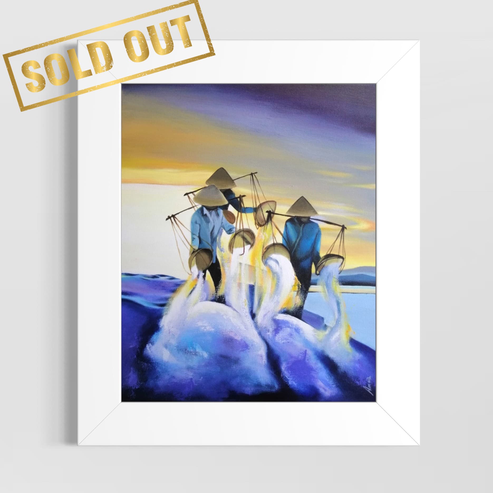 Scène de porteurs de sel au crépuscule, silhouettes bleues et jaunes, peinture d’Anaïs Eck. / Salt workers at dusk with blue and yellow silhouettes, painting by Anaïs Eck.