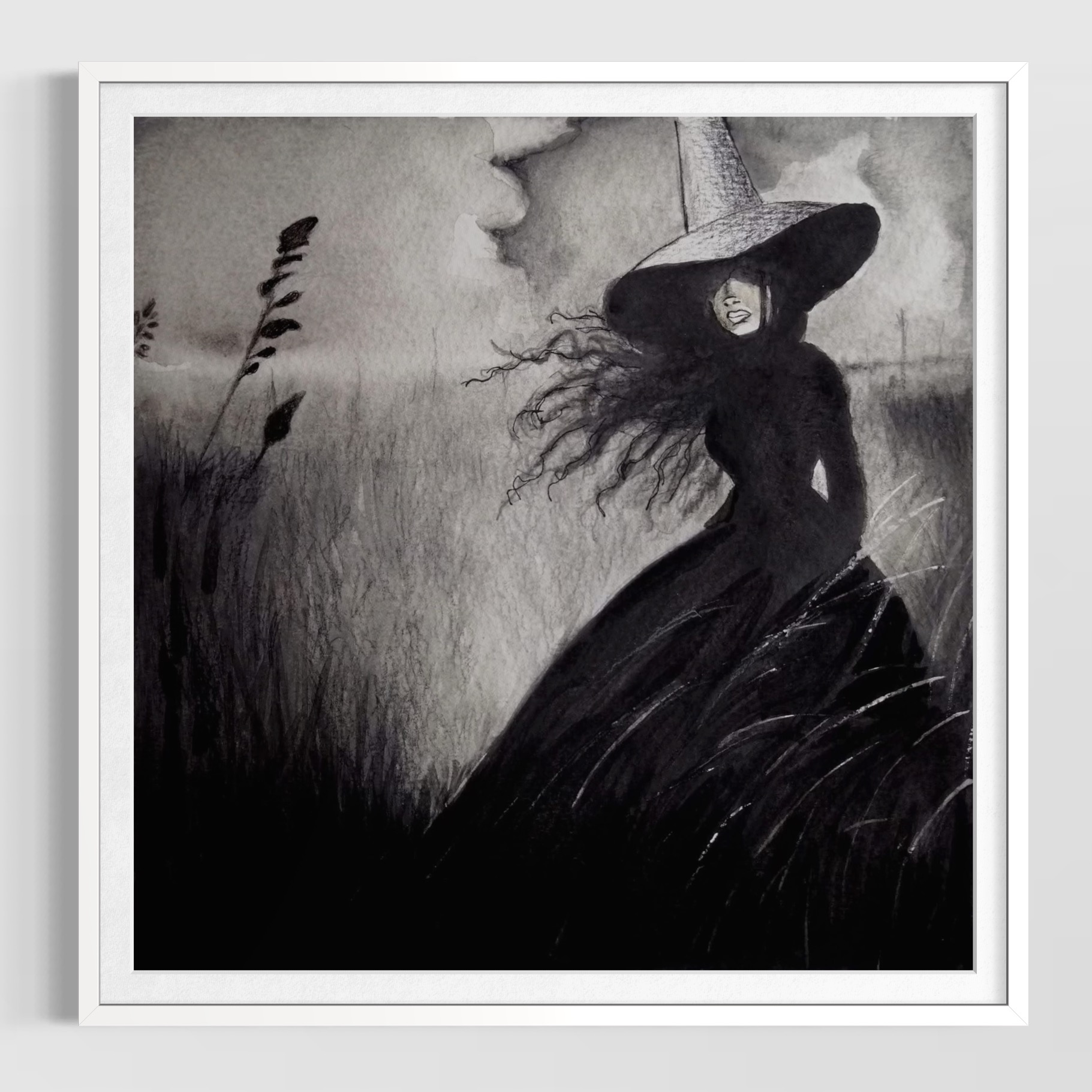 Illustration en noir et blanc d’une femme au grand chapeau dans un paysage venteux, œuvre d’Anaïs Eck.