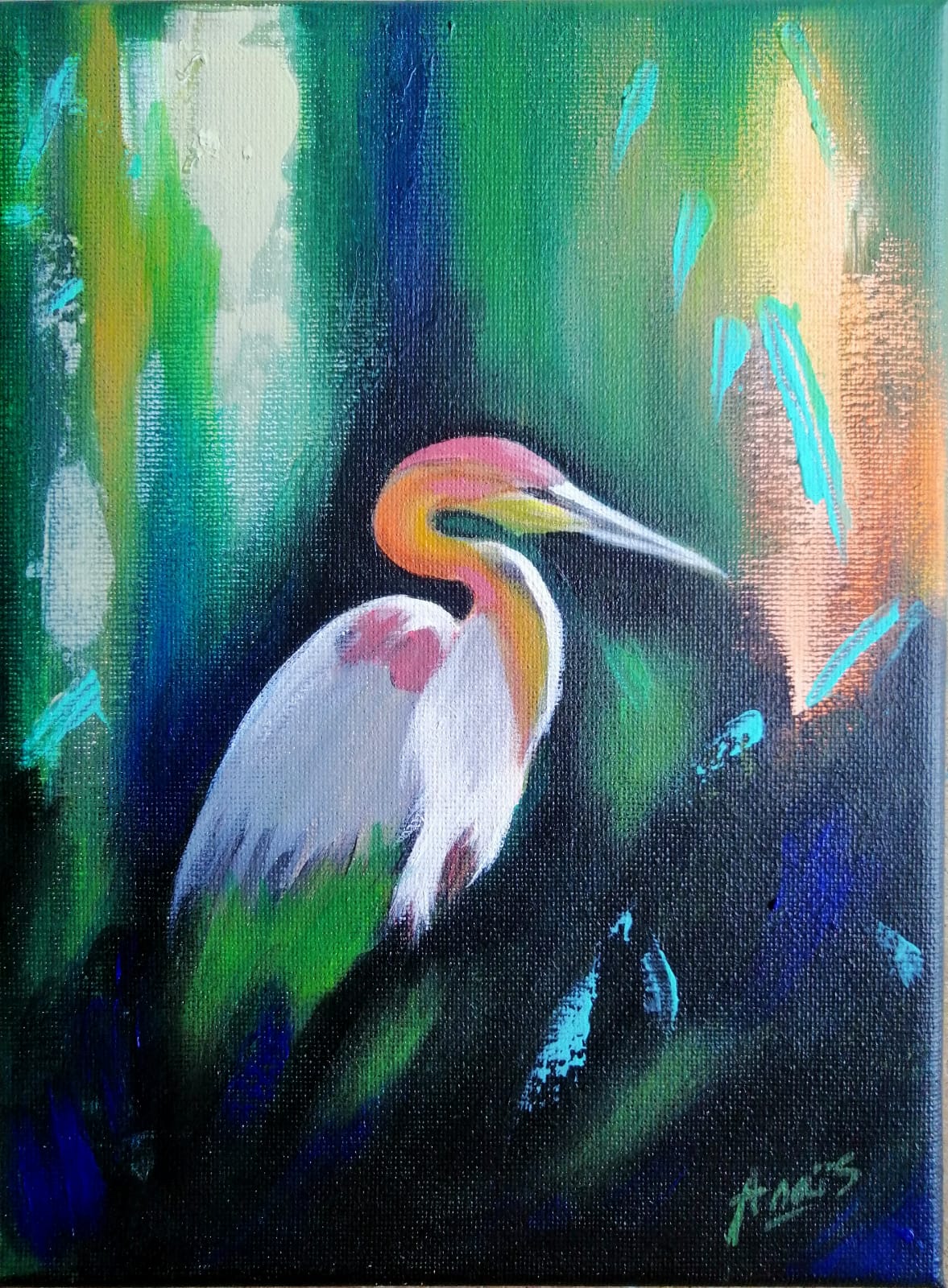 Tropical — détail du héron aux nuances rose et or, Anaïs Eck